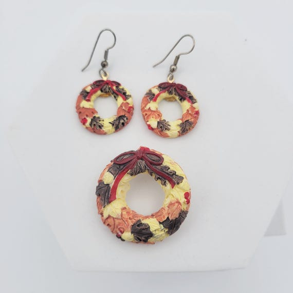 Vintage Ceramic Autumn Leaves Jewelry Set with Dangle Earrings & Brooch Costume Jewelry Women Statement Retro Pin Chunky Brown Red Yellow