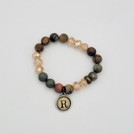 Vintage Earth Tone Agate & Faceted Plastic Bead Initial R Beaded Stretch Bracelet Costume Jewelry Retro Statement Women Accessories Minerals
