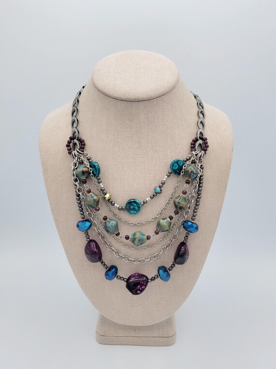 Vintage Jewel Tone Beaded Bib Necklace with Silver Tone Chains Costume Jewelry Retro Statement Adjustable Purple Teal Blue Green Drape Boho
