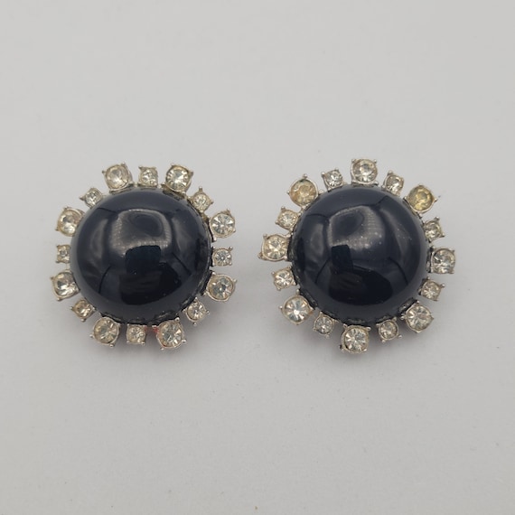 Vintage 1960s Oversize Black Cabochon & Clear Rhinestone Dome Clip-On Earrings Costume Jewelry Retro Statement Women Round Silver Tone