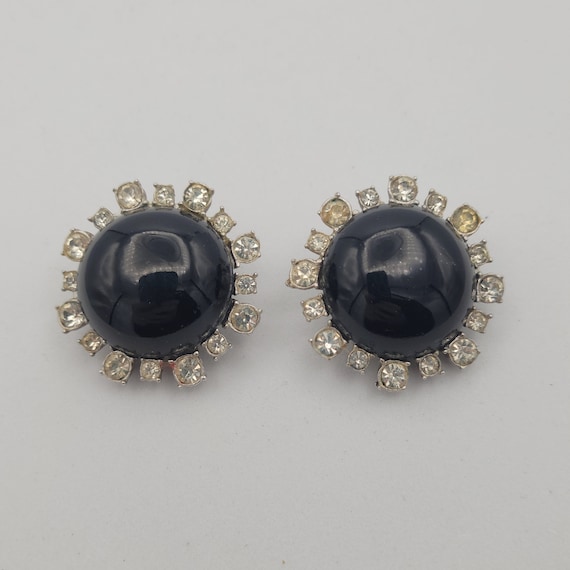 Vintage 1960s Oversize Black Cabochon & Clear Rhi… - image 1