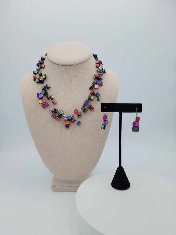 Vintage Multicolor Beaded Fish Line Jewelry Set Costume Jewelry Retro Statement Women Accessories Chunky Bib Iridescent Green Purple Blue