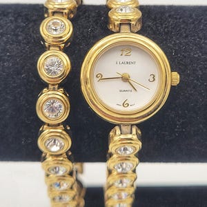 Vintage J. Laurent Gold Tone & Rhinestones Round Ladies Watch with Bracelet Costume Jewelry Statement Women Timepiece Matching Set Faceted