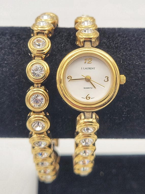 Vintage J. Laurent Gold Tone & Rhinestones Round Ladies Watch with Bracelet Costume Jewelry Statement Women Timepiece Matching Set Faceted