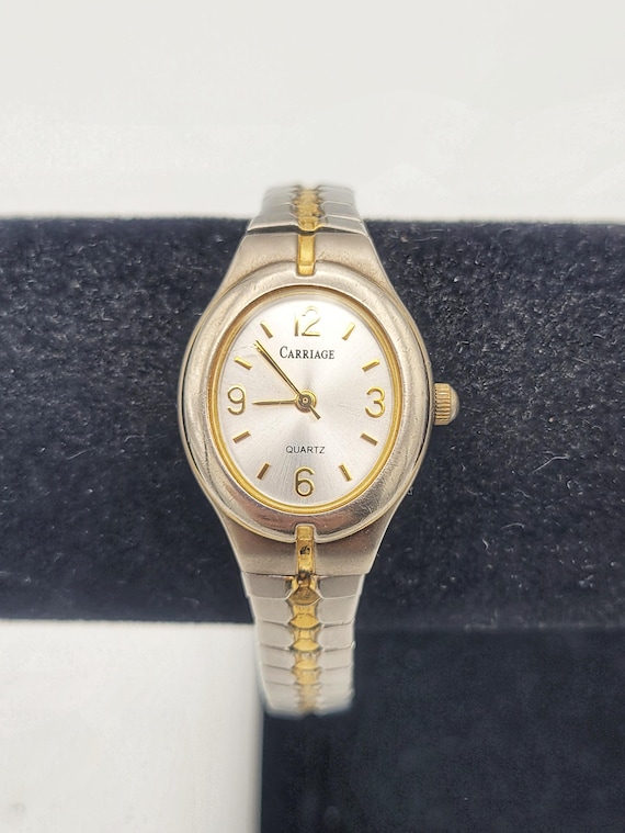 Vintage 1990s Carriage by Timex Two Tone Oval Ladies Watch w/ Stretch Bracelet Band Costume Jewelry Retro Women Accessories Statement 22 mm