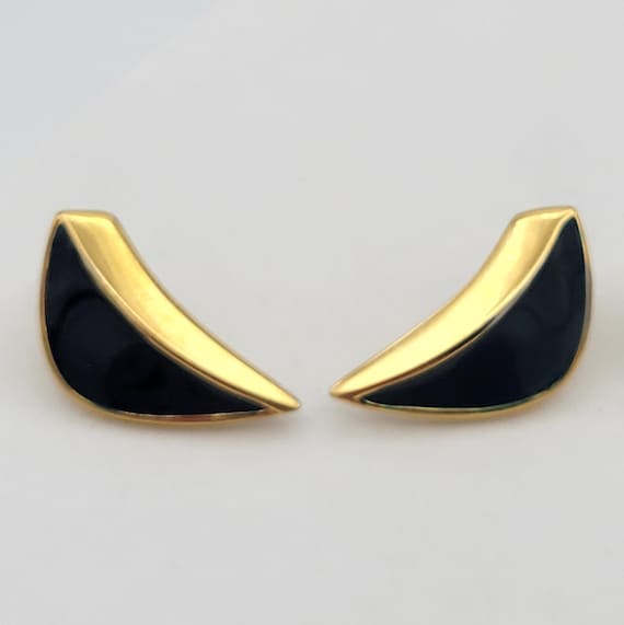 Vintage Monet Small Gold Tone Crescent Shaped Stud Earrings with Black or Navy Enamel Costume Jewelry Retro Women Simple Minimal Accent