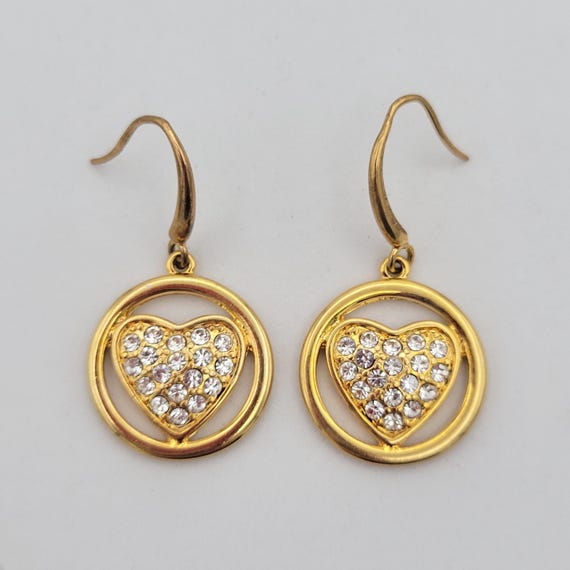 Vintage Gold Tone Openwork Circle & Rhinestone Encrusted Heart Dangle Earrings Costume Jewelry Retro Women Statement 1 5/8" Crystal Love