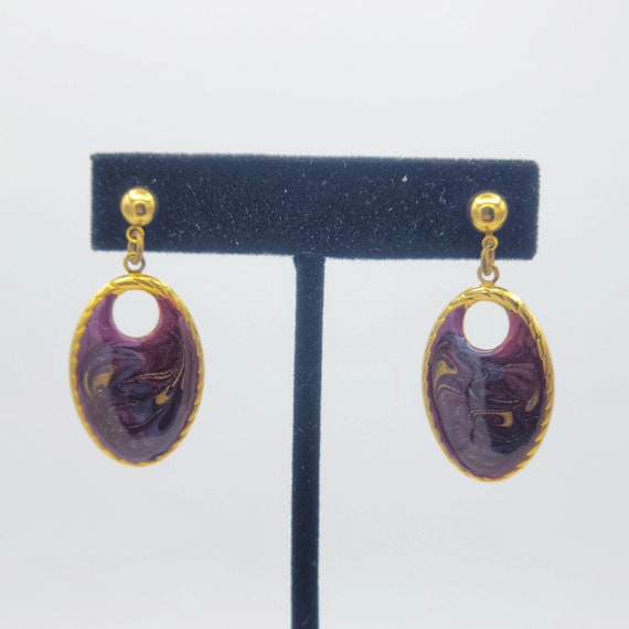 Vintage 1990s Gold Tone & Swirled Enamel Openwork Oval Earrings Costume Jewelry Retro Women Statement Marbled Teardrop Burgundy Gold Glitter