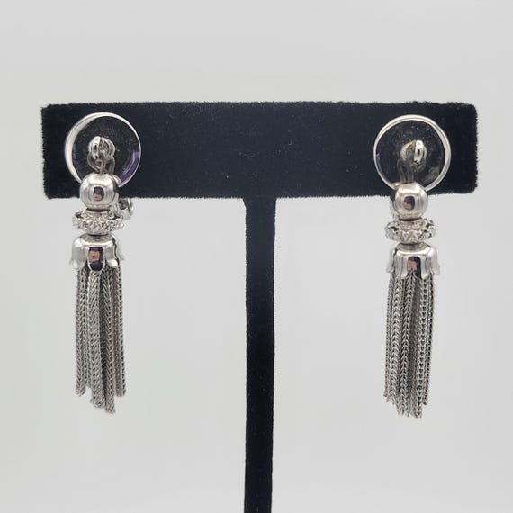 Vintage 1970s Hard to Find Monet Silver Tone Chrome Finished Tassel Dangle Clip On Earrings Costume Jewelry Retro Statement Women Fringe