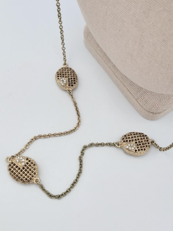 Vintage 39" Gold Tone Cable Chain Necklace with Oval Textured Links & Rhinestones Costume Jewelry Retro Statement Women Lattice Waffle Long