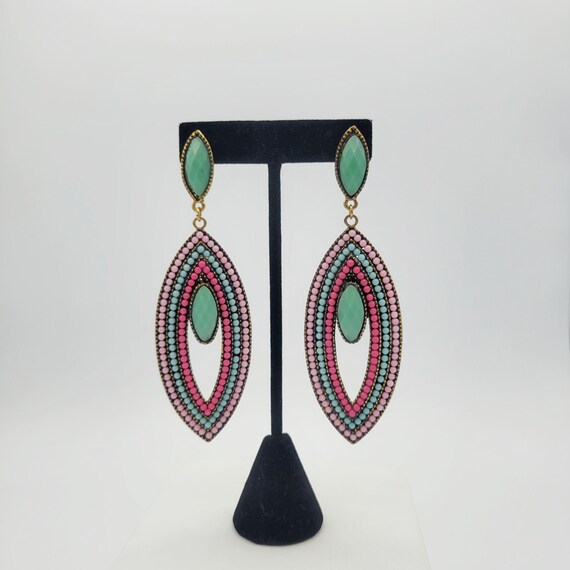 Vintage Oversize Gold Tone Openwork Oval Dangle Earrings with Multicolored Cabochons & Green Rhinestones Costume Jewelry Women Statement