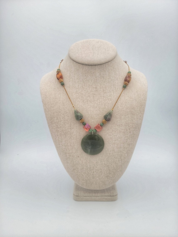 Vintage Gold Tone Chain Necklace with Orange, Red & Green Marbled Beads Costume Jewelry Retro Statement Long Pendant Faux Jade Plastic Xmas