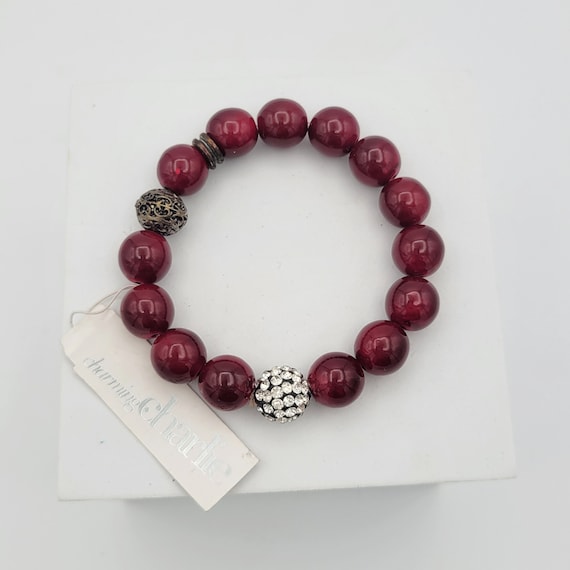 Vintage NEW Charming Charlie Red Friendship Beaded Stretch Bracelet with Rhinestone Accents Costume Jewelry Retro Statement Women Adjustable