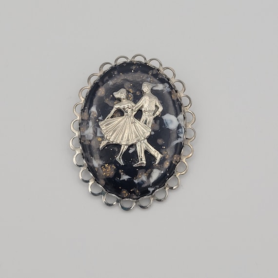 Vintage Silver Tone & Black Cameo Scarf Clip with 1950s Dancing Teenagers Costume Jewelry Retro Statement Women Scalloped Faux Mineral Skirt