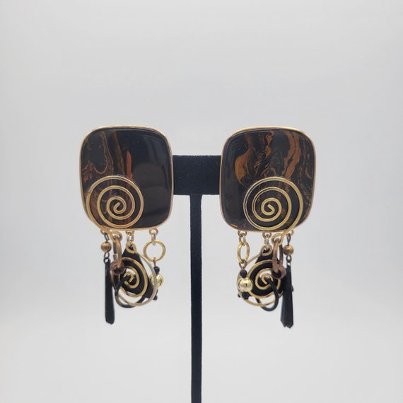 Vintage Gold Tone & Black Marbled Enamel Geometric Oversize Dangle Earrings Costume Jewelry Retro Women Statement Square Swirl Scroll Wire