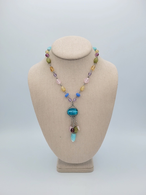 Vintage Lia Sophia Silver Tone Multi Colored Beaded Y Necklace Costume Jewelry Retro Statement Lariat Adjustable Blue Pink Green Yellow