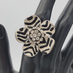 Vintage Chico&#39;s Silver Tone Oversize Floral Statement Ring with Black & White Enamel Stripes and Rhinestones Right Costume Jewelry Cocktail