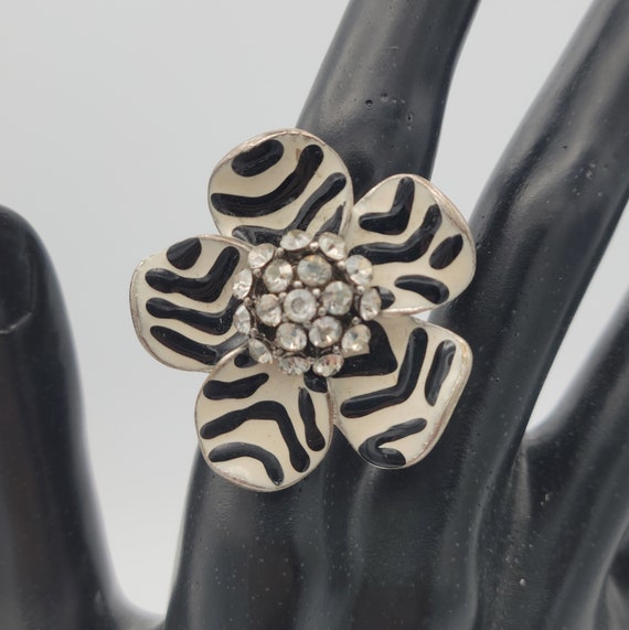 Vintage Chico's Silver Tone Oversize Floral Statement Ring with Black & White Enamel Stripes and Rhinestones Right Costume Jewelry Cocktail