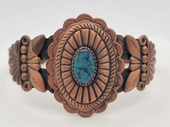 Vintage Southwestern Medallion Design Genuine Copper Cuff Bracelet with Turquoise Cabochon Accent Costume Jewelry Retro Statement Women