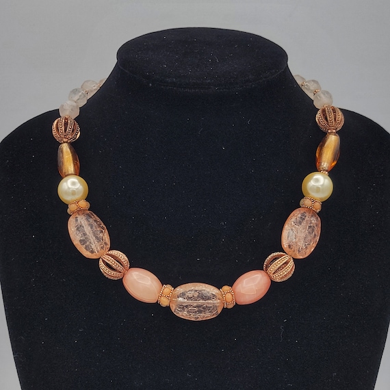 Vintage Pink & Rose Gold Tone Beaded Choker Necklace with Adjustable Length Chain Costume Jewelry Statement Retro Collar Faux Pearls
