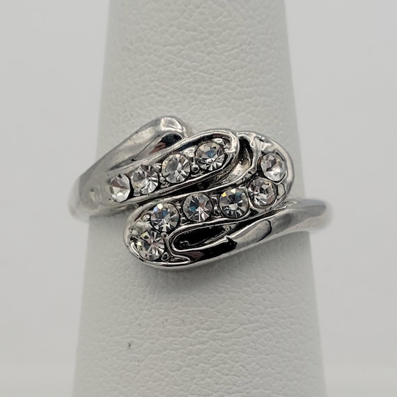 Vintage Silver Tone S-Curve Rhinestone Encrusted Cocktail Ring Costume Jewelry Statement Retro Accessories Women US Size 6 3/4 Curved