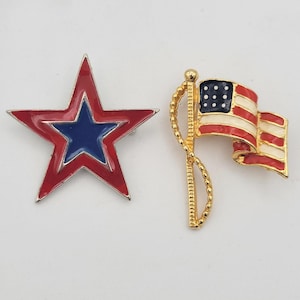 Vintage Set of 2 USA Patriotic Brooches with Red & Blue Enamel Costume Jewelry Retro Statement Lapel Hat Pin Independence Day American Flag
