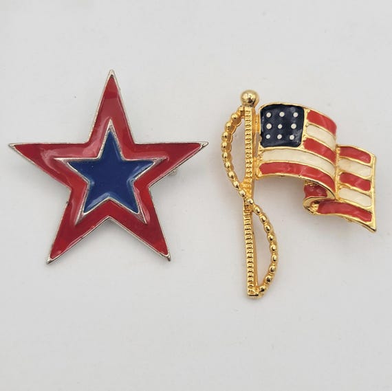Vintage Set of 2 USA Patriotic Brooches with Red & Blue Enamel Costume Jewelry Retro Statement Lapel Hat Pin Independence Day American Flag