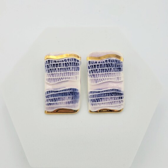Vintage Ceramic Rectangular White, Gold-Tone & Purple Textured Stud Earrings Costume Jewelry Retro Women Statement Animal Skin Ombre Chrome