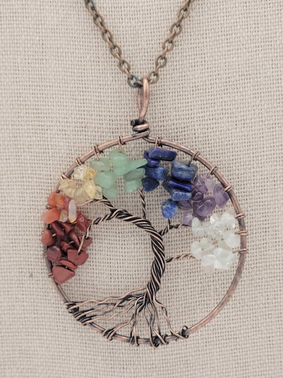 Vintage Copper Cable Chain Necklace with Tree of Life Chakra Pendant Costume Jewelry Retro Statement Women Accessories Tumbled Gemstones