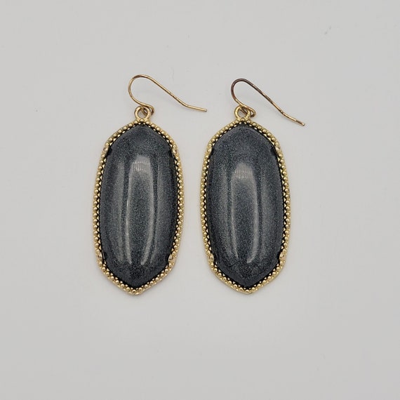 Vintage Gold Tone & Black Glitter Oval Cabochon Dangle Earrings Costume Jewelry Retro Statement Women Drop Sparkle Iridescent Nailed Edge