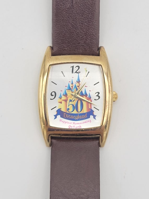 Vintage Disneyland 50th Anniversary Special Gold Tone Unisex Watch with Original Band Costume Jewelry Statement Timepiece Cushion Rectangle