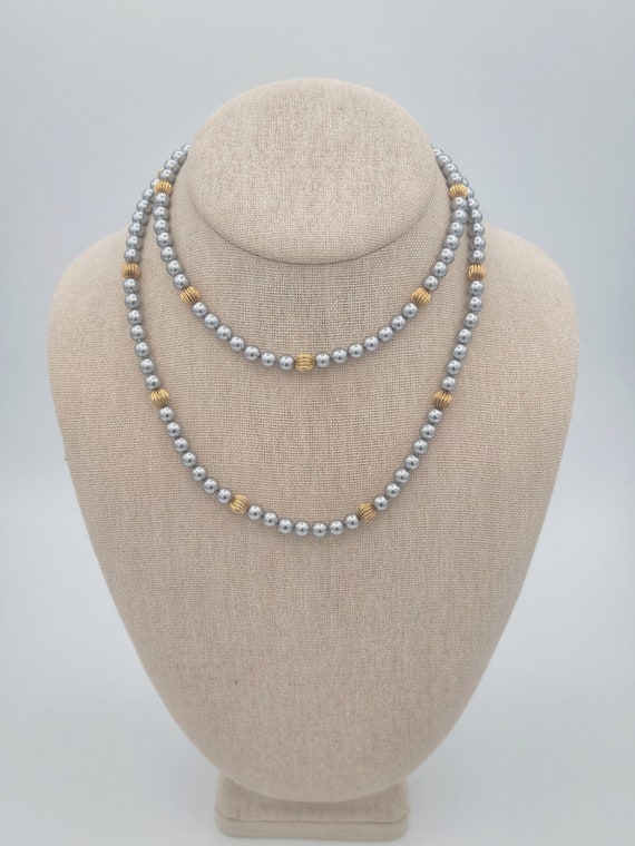 Vintage Sarah Coventry Gray Faux Pearl Long Beaded Necklace with Gold Tone Accents Costume Jewelry Retro Statement Single Strand 31" Silver