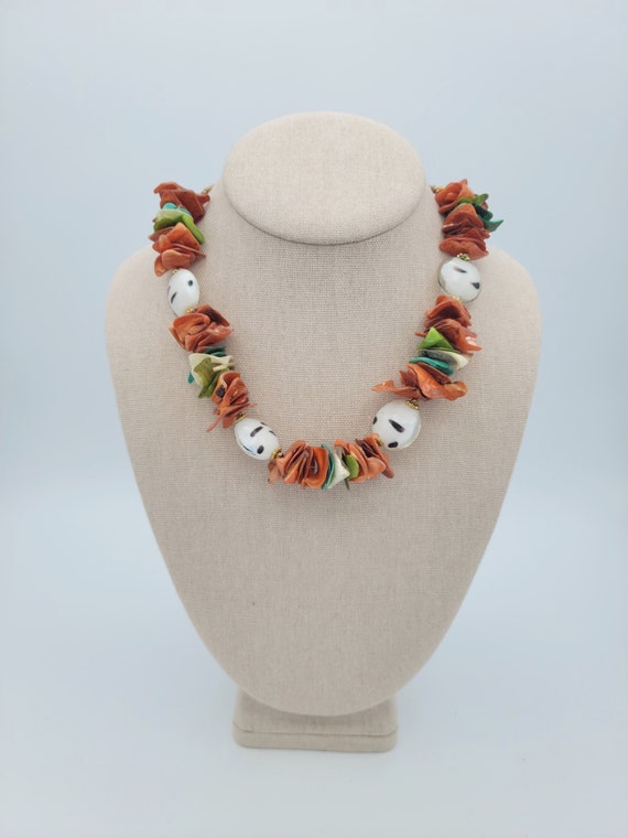 Vintage NEW David Julia Colored Shell & Glass Beaded Necklace Costume Jewelry Retro Statement Single Strand Orange Aqua Blue Green White