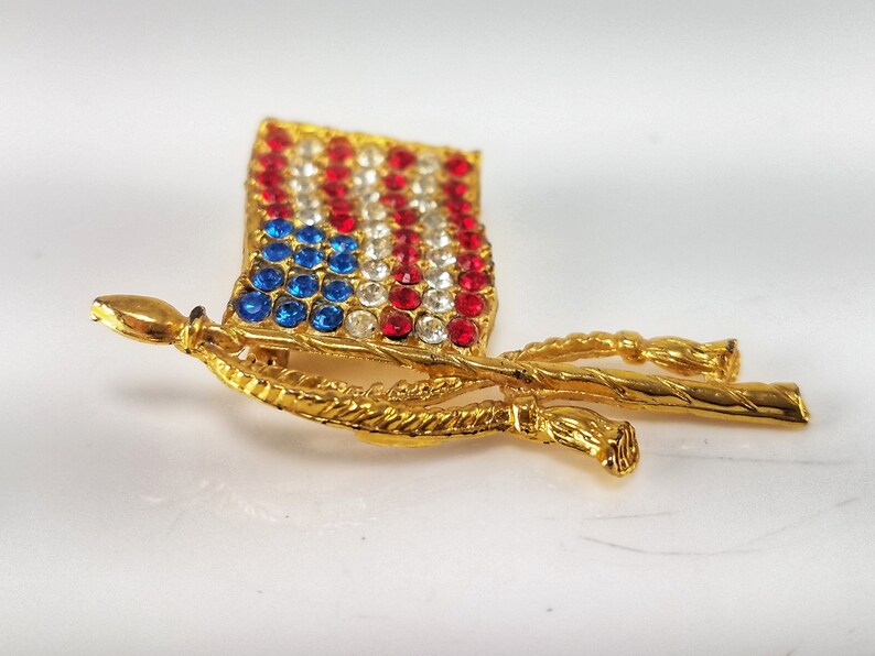 Vintage Gold Tone Double Tassel American Flag Brooch Costume Jewelry Retro Statement Pin Sparkle USA Independence Day 4th of July Pole