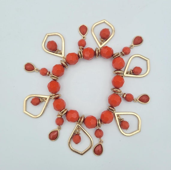 Vintage Vibrant Orange & Gold Tone Beaded Stretch Bracelet with Teardrop Dangles Costume Jewelry Retro Statement Women Textured Bangle