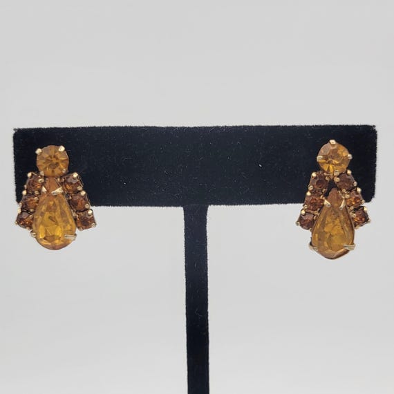 Vintage 1960s Coro Gold Tone Art Deco Orange Rhinestone Screw Back Earrings Retro Women Statement Costume Jewelry Pear Teardrop