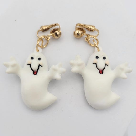 Vintage 1980s Plastic Halloween Happy Ghost Clip On Earrings Costume Jewelry Retro Statement Autumn Fall Women Gold Tone Chunky Thick