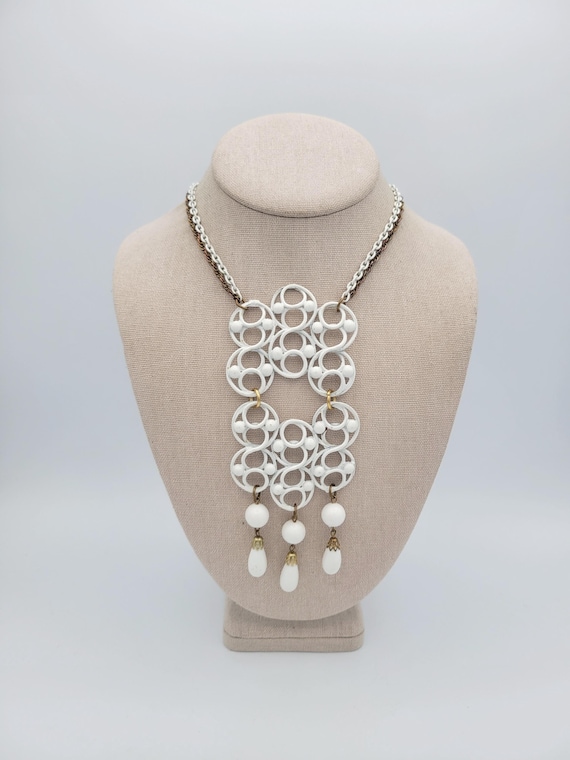 Vintage 1970s Huge White Enamel Gold Tone Articulated Openwork Art Deco Pendant Necklace Costume Jewelry Retro Statement Double Cable Chain