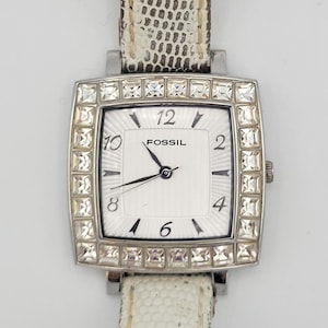 Orologio da donna vintage Fossil F2 color argento con strass con cassa quadrata, bigiotteria, orologio da polso retrò ES 1529
