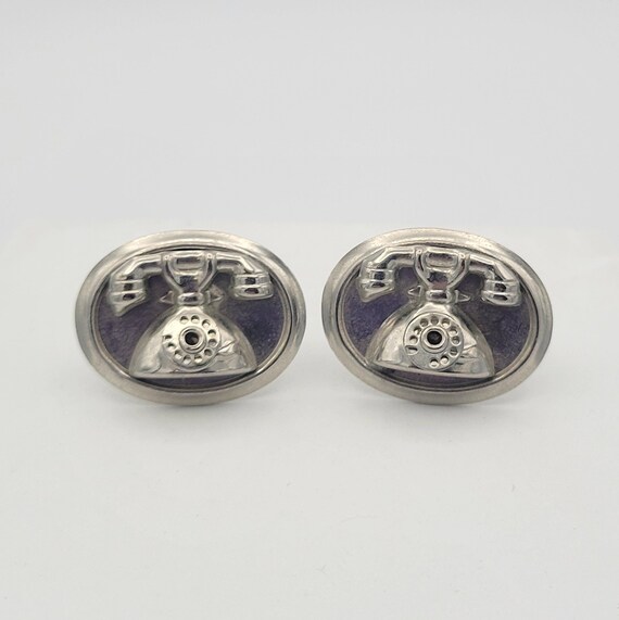 Vintage 1960s Silver Tone Oval Cuff Links with Telephone Designs Costume Jewelry Suit Men's Accessories Formal Wear Work Unique Phone