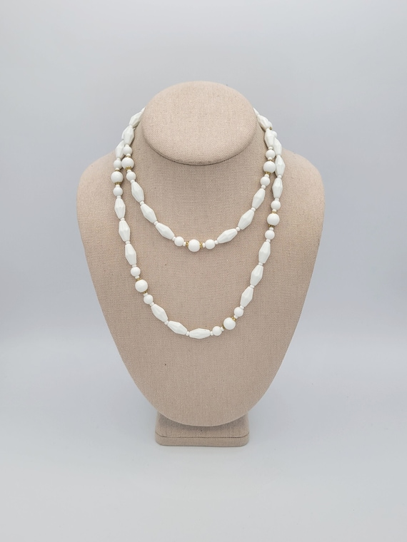 Vintage 1960s Single Strand Long White Beaded Necklace with Gold Tone Screw Clasp Costume Jewelry Retro Women Statement Round BiCone 36"