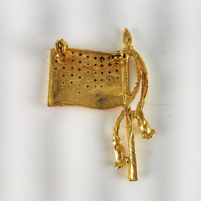 Vintage Gold Tone Double Tassel American Flag Brooch Costume Jewelry Retro Statement Pin Sparkle USA Independence Day 4th of July Pole