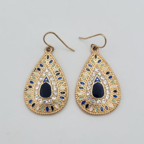 Vintage Gold Tone Textured Teardrop Dangle Earrings with Enamel & Rhinestones Costume Jewelry Women Statement Retro 1 3/4" Pear Drop Blue