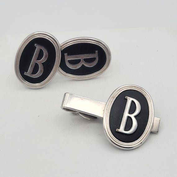 Vintage 1960s Swank Oval Silver Tone & Black Initial "B" Men's Cuff Links and Tie Clip Costume Suit Men's Accessories Letter Monogram Chrome