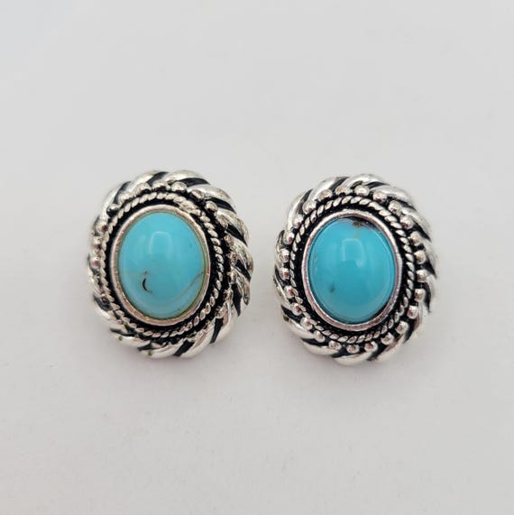 Vintage Avon Silver Tone with Black Enamel Accent Domed Oval Stud Earrings with Faux Turquoise Cabochons Costume Jewelry Women Statement