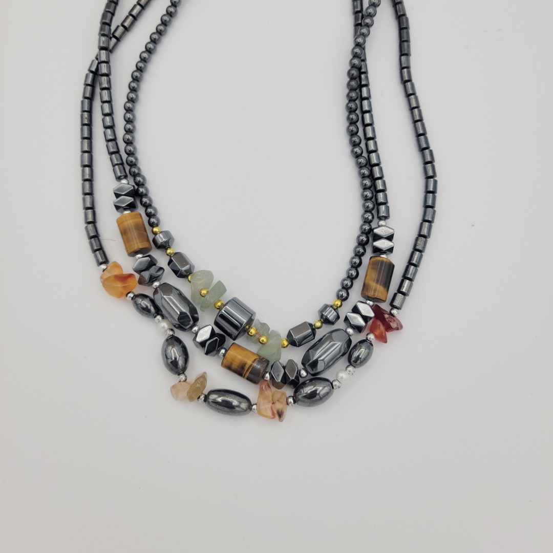 Collier Vintage En Hématite - Métal Doré - Occasion - Bijou Ancien