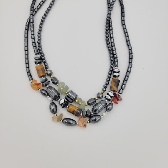 Vintage Hematite Necklace with Mineral Accents Beaded Costume Jewelry Retro Statement Single Strand Black Collar Tiger's Eye Quartz