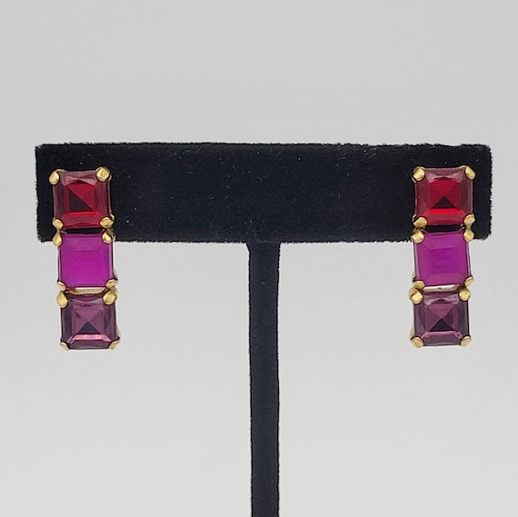 Vintage Gold Tone 3 Stone Square Cut Stud Earrings with Red, Pink & Purple Faceted Rhinestones Costume Jewelry Retro Statement Women Row