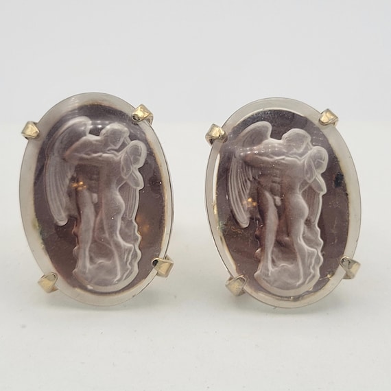 Vintage Oversize Gold Tone & Glass Oval Ladies Cuff Links with Anatomical Angel and Woman Design Costume Jewelry Accessories Large Chunky