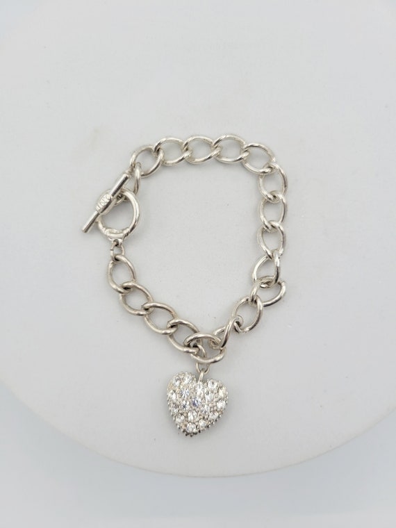 Vintage Jones New York Silver Tone Curb Chain Bracelet with Rhinestone Encrusted Heart Charm Costume Jewelry Retro Statement Women Accent